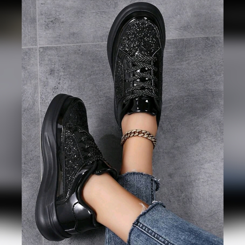 Women's Spring Autumn Casual Black Sneakers, Non-Slip Soft Bottom Lightweight Pl - Picture 3 of 4